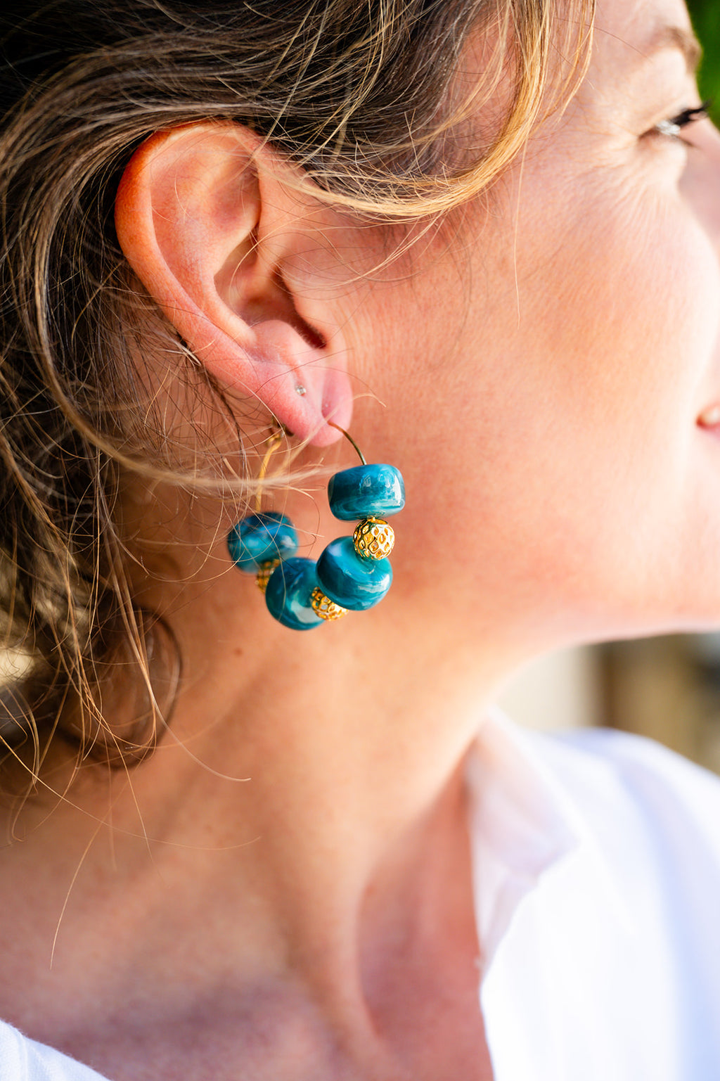 Boucles d'oreilles corail vert canard & doré GF