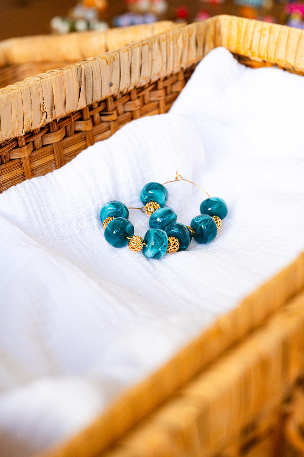 Boucles d'oreilles corail vert canard & doré GF